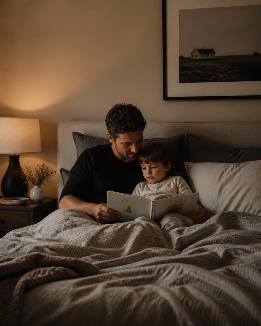 Pai contando uma história para o filho na cama