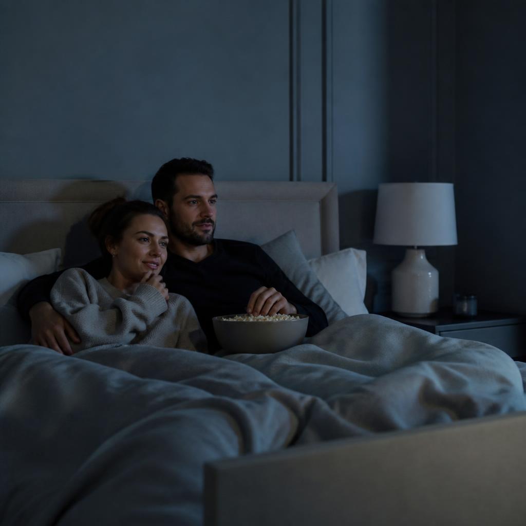 Casal assistindo a um filme na cama