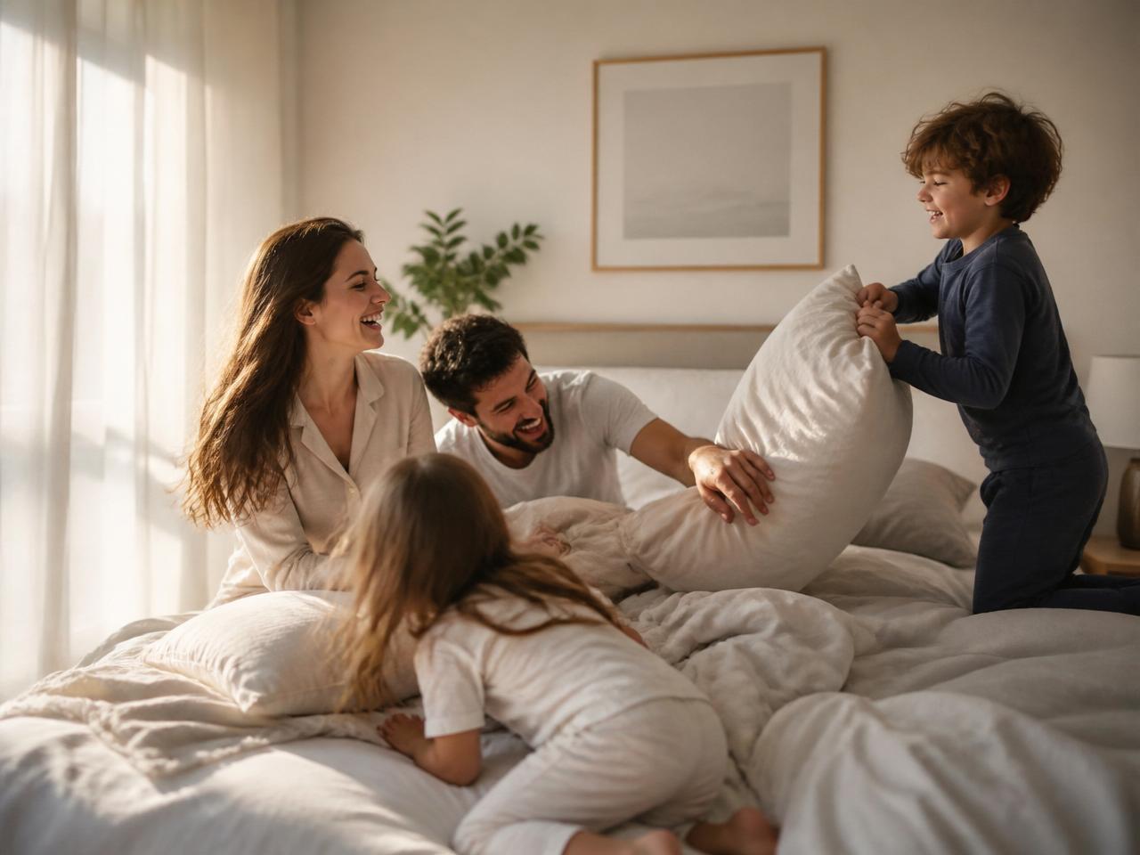 Família reunida rindo sobre a cama pela manhã